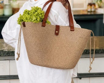 Borsa tote grande in juta, borsa shopper, borsa tote minimalista intrecciata, borsa a tracolla per tutti i giorni, borsa fatta a mano, estetica neutra, regalo per lei
