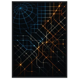 Könnte beinhalten: Abstrakter Kunstdruck mit einem Netzwerkdesign. Blaue und orangefarbene Linien vor schwarzem Hintergrund. Das Kunstwerk zeigt eine globusartige Struktur in der oberen linken Ecke und miteinander verbundene Linien mit beleuchteten Knoten.