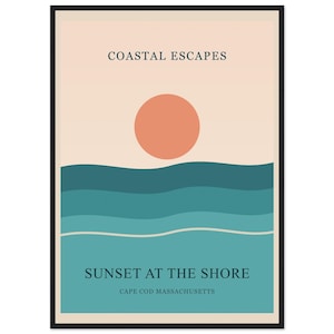 Coastal Vintage Travel Poster Printable, Sunset at the Shore, Cape Cod Beach House Wall Art