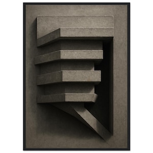 Könnte beinhalten: Gerahmtes abstraktes Kunstwerk mit einem grauen, geschichteten geometrischen Design. Das Kunstwerk hat einen dreidimensionalen Effekt mit rechteckigen Formen und einem gebogenen Element, alles in einem dunklen Rahmen. Das Stück hat eine moderne, minimalistische Ästhetik.