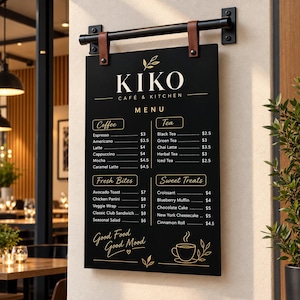 May include: A rectangular black menu sign for KIKO CAFÉ & KITCHEN, suspended by brown leather straps from a black metal bar. The sign features white text listing coffee, tea, fresh bites, and sweet treats with prices in dollars, plus a coffee cup icon.