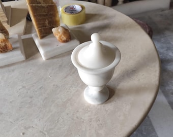 White Marble Lidded Urn | Handmade Decorative Stone Candy Jar, Vanity Accent