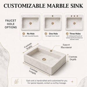 The image is a detailed illustration of a customizable marble sink, showing three different sink designs with varying hole placements and customizations.