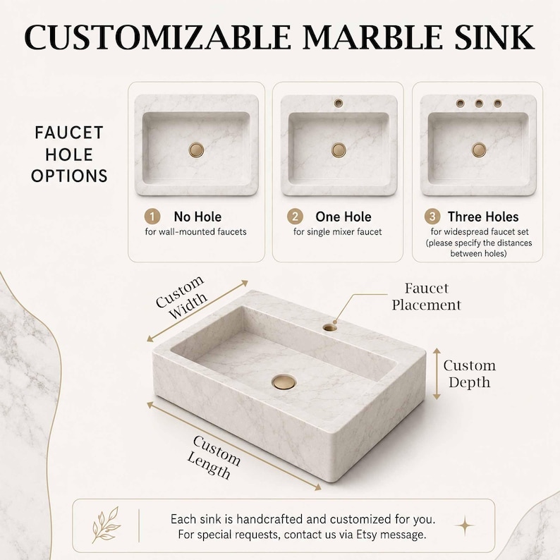 The image is a detailed illustration of a customizable marble sink, showing three different sink designs with varying hole placements and customizations.