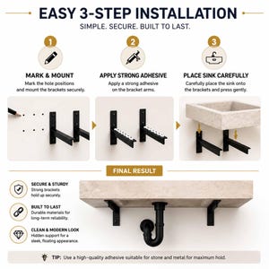 The image is a step-by-step guide for installing a 3-step bracket system for a sink, providing clear instructions and visual demonstrations.