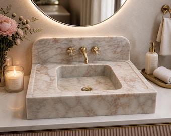 Handmade Marble Sink 76cm, Luxury Natural Stone Bathroom Vanity Basin, Integrated Backsplash