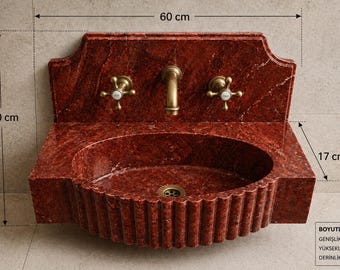 Lavabo de mármol rojo tallado a mano – Lavabo de piedra vintage estriado de 60 cm, tocador de baño de lujo