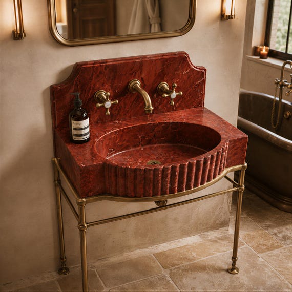 Hand Carved Red Marble Sink – Fluted Vintage Stone Basin, Luxury Bathroom Vanity