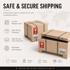 two cardboard boxes with labels on them are labeled safe and secure shipping