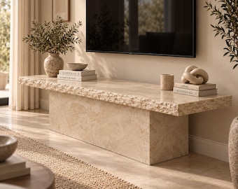 Sculptural Travertine Media Console, Hand-Carved Natural Stone TV Stand, Luxury Modern Furniture
