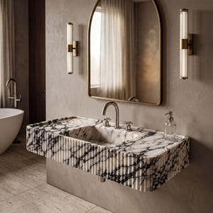 Lavabo de mármol Calacatta Viola, lavabo estriado, lavabo de tocador artesanal para baño.