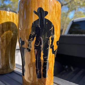 One Custom Hand Painted Wood Grain Stainless Steel Tumbler Cowboy Dad