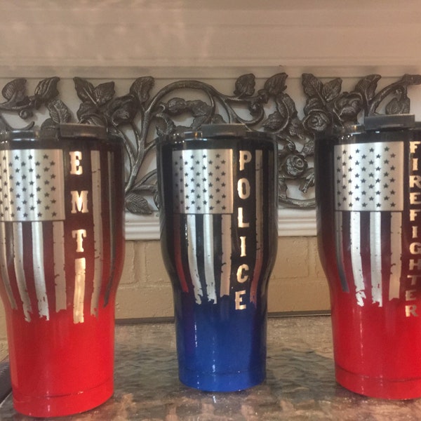 One Custom Powder Coated Police, Firefighter or EMT Stainless Steel Tumbler