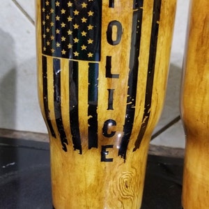 One Custom Hand Painted Wood Grain Police American Flag Stainless Steel Tumbler