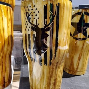 One Custom Hand Painted Wood Grain Deer American Flag Stainless Steel Tumbler