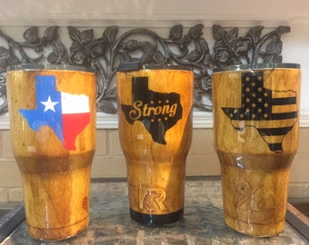One Custom Hand Painted Wood Grain Texas Flag / Texas Strong Stainless Steel Tumbler