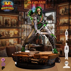 May include: A skeletal archer figurine wearing a green hooded cloak and grey armor, holding a metallic crossbow. The figure stands on a textured brown base with a quiver of arrows on its back. A scale reference shows 40 mm and 75 mm heights.