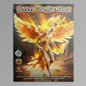 以下が含まれることがあります： 「Blood for the Gods」と題されたファンタジーアートプリント。炎の翼と鎧を持つ戦士が描かれています。アートワークは金とオレンジの色使いで、「Blood for the Gods」、「5E」、「Level 10-21」の文字が記されています。