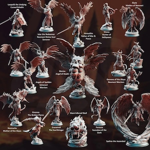 May include: A collection of fantasy miniatures, including angels, demons, and warriors. The figures are intricately detailed, with wings, weapons, and armor. Text on the image includes character names like "Leopold the Undying" and "Morius Angel of Death."