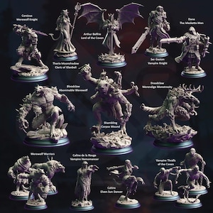 Op de afbeelding: Een verzameling gedetailleerde fantasie miniaturen, waaronder weerwolven, vampiers en ridders. Elke figuur is ingewikkeld gebeeldhouwd en op een voetstuk gemonteerd. De afbeelding toont personages als Corsicus Werewolf Knight en Arthur Belfrie Lord of the Coven.