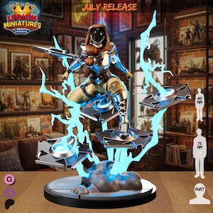 May include: A detailed resin miniature figure of a futuristic character wearing a helmet and armor, standing on floating platforms surrounded by bright blue lightning effects. The base is circular, and the figure includes a scale reference of 40 mm and 75 mm.