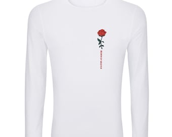 VolaresArt - Camiseta minimalista de manga larga con estampado de rosas "Florece en silencio"