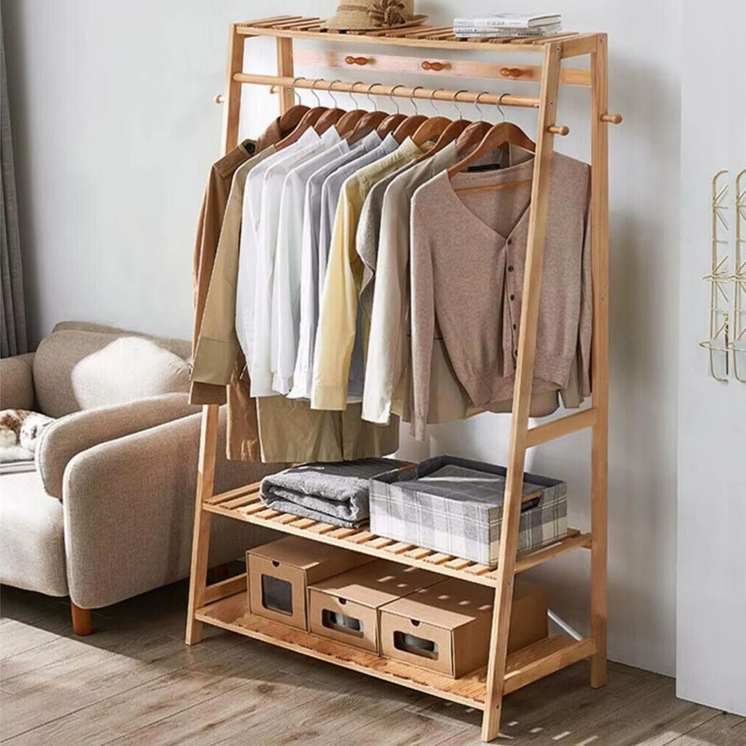 Bamboo Clothes Rail Stand With Shelves Freestanding Garment Rack ...
