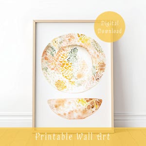 Abstract Watercolor Plate Bowl Art Print, Boho Kitchen Wall Decor (Digital Download)
