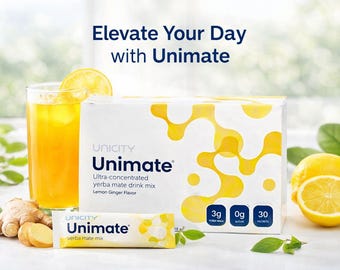 Unicity Unimate Yerba Mate Drink Mix | 30 Packets | Natural Energy Booster | Lemon Ginger Flavor