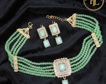 Handmade Moroccan Beaded Choker Necklace Set – Custom Made Crystal Pendant Earrings Jewelry