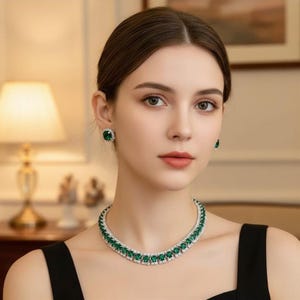 May include: A woman wearing a matching emerald green and silver necklace and earring set. The necklace and earrings feature emerald green stones surrounded by smaller, clear stones. The woman is wearing a black top.