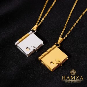 Collar con colgante de libro hecho a mano – Cadena con medallón de acero inoxidable con apertura en forma de corazón hecha a medida