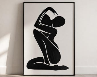 Zwarte vrouwelijke silhouet printbare muurdecoratie, minimalistische poster van een vrouw