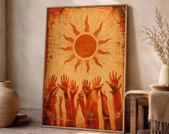 Vintage muurdecoratie met zonaanbiddingshanden, boho zonposter, terracotta spirituele decoratie