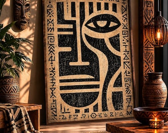 Printbare muurdecoratie met tribale ogen, abstracte etnische poster, boho tribale decoratie