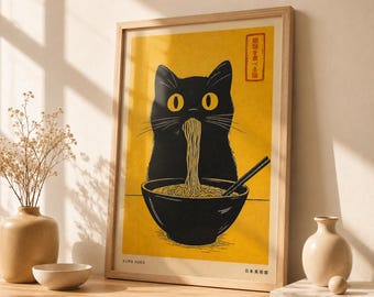 Decorazione murale giapponese, Kuro Neko Gatto Nero Ramen, Stampa digitale per arredamento moderno