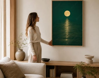 Printbare muurdecoratie met reflectie van de smaragdgroene maan, poster van een groen nachtlandschap in Japan