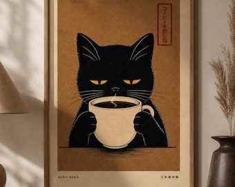 Zwarte Kat Koffie Japanse Poster, Kuro Neko Retro Keukendecoratie, Cadeau voor Kattenliefhebbers, Printbare Kunst