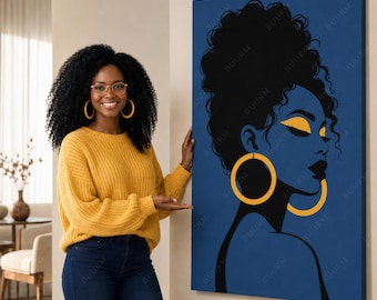 Printbare muurdecoratie met portret van een blauwe vrouw, een opvallende poster geïnspireerd op Afrika, een moderne en glamoureuze decoratie.