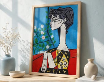 Kubistisch vrouwenportret, blauwe modernistische poster, gewaagd eclectisch decor | Afdrukbare muurkunst