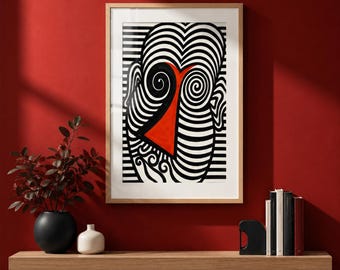 Optisch abstract gezicht, rood zwart modern poster | Afdrukbare muurkunst
