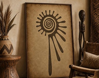 Printbare muurdecoratie met tribale spiraal en zon, poster met oud boho-symbool, etnische wanddecoratie