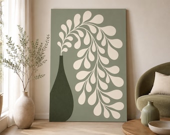 Salie botanische vaas, poster met minimale groene bloemen | Afdrukbare muurkunst