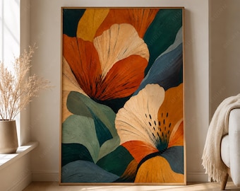 Abstracte botanische muurdecoratie, kleurrijke bloemenprint, moderne boho Japandi-decoratie