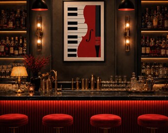 Afdrukbare muurkunst rode cello piano, muziekposter, decor jazzbar