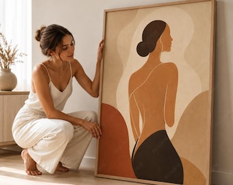 Japanse vrouw printbare muurdecoratie, neutrale afbeelding van een vrouw, minimalistische boho poster in aardetinten