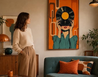 Retro vinylplaat printbare muurdecoratie, poster in oranje uit het midden van de vorige eeuw, decoratie voor de muziekkamer.
