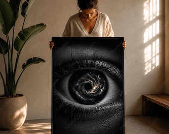 Printbare muurdecoratie met kosmisch oog, donkere surrealistische melkwegposter, mystieke zwarte spirituele visie.
