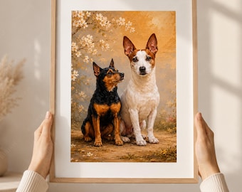 Printbare muurdecoratie met hondenportret, poster met gouden bloesem en dierenmotief, neutrale dierendecoratie