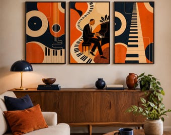 Set van 3 retro jazz muurdecoraties, pianoprints uit het midden van de vorige eeuw, oranje en marineblauwe decoratiebundel